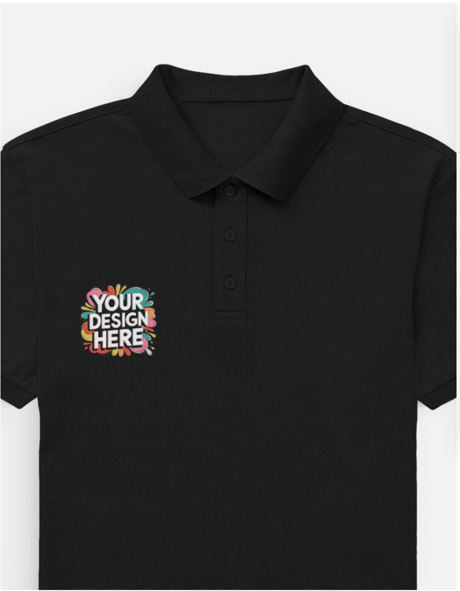 Black polo shirt with customizable design on Right pocket area on a white background