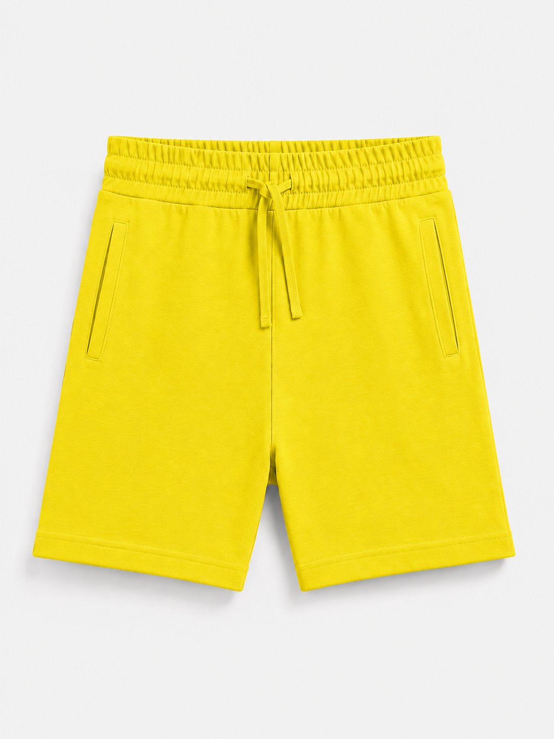 Bright yellow sweat shorts with an elastic drawstring waist and side pockets, shown flat against a light gray background.
