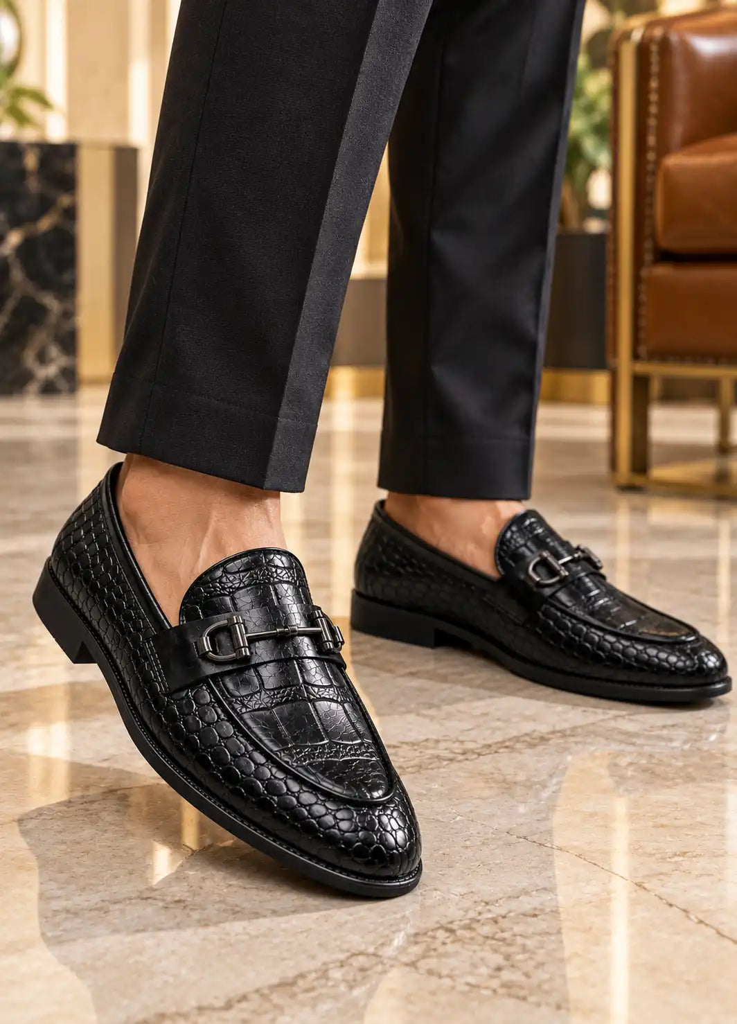 Premium Croc-Texture Loafers for Men – Black & Dark Brown
