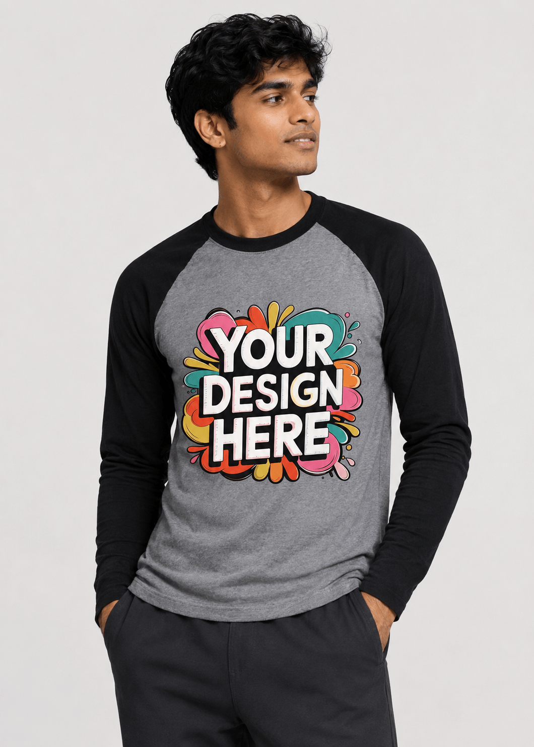 Custom Black White Raglan T-Shirt Front View