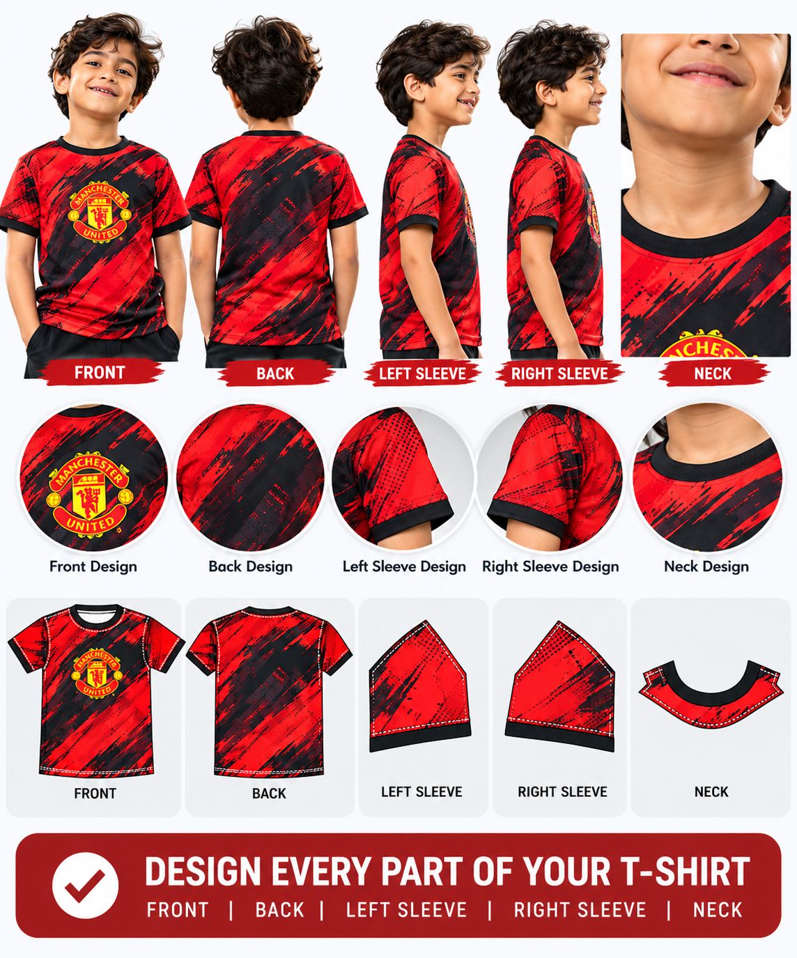 Custom kids sports T-shirt showing front, back, sleeves and neck printing