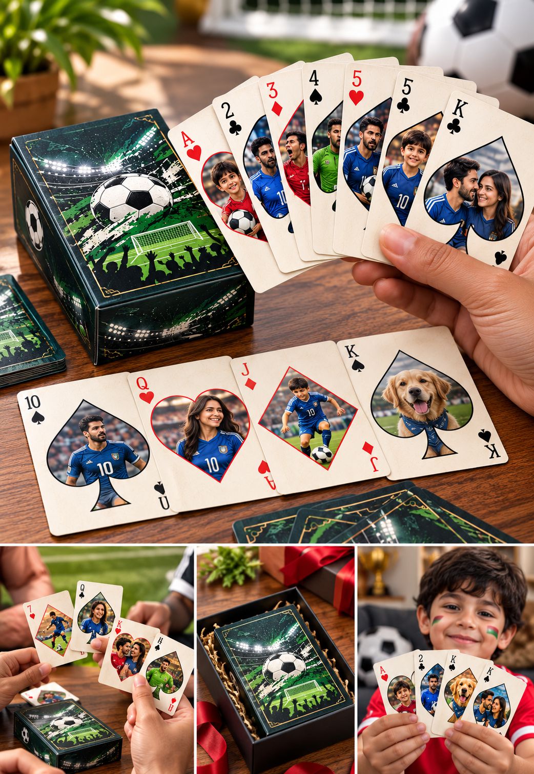 Custom soccer-themed playing cards and matching box shown in a lifestyle setting, featuring printed player photos, a soccer ball graphic, and a dog on the cards, with children holding the cards in outdoor and indoor scenes.