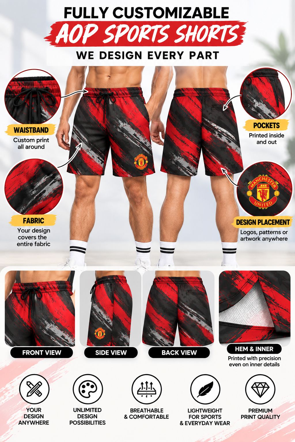 Customizable AOP Sports Shorts promotional graphic showing a male model from the waist down wearing red, black, and gray patterned shorts, with feature callouts for waistband, pockets, fabric, and design placement, plus front/side/back views and icons at the bottom.