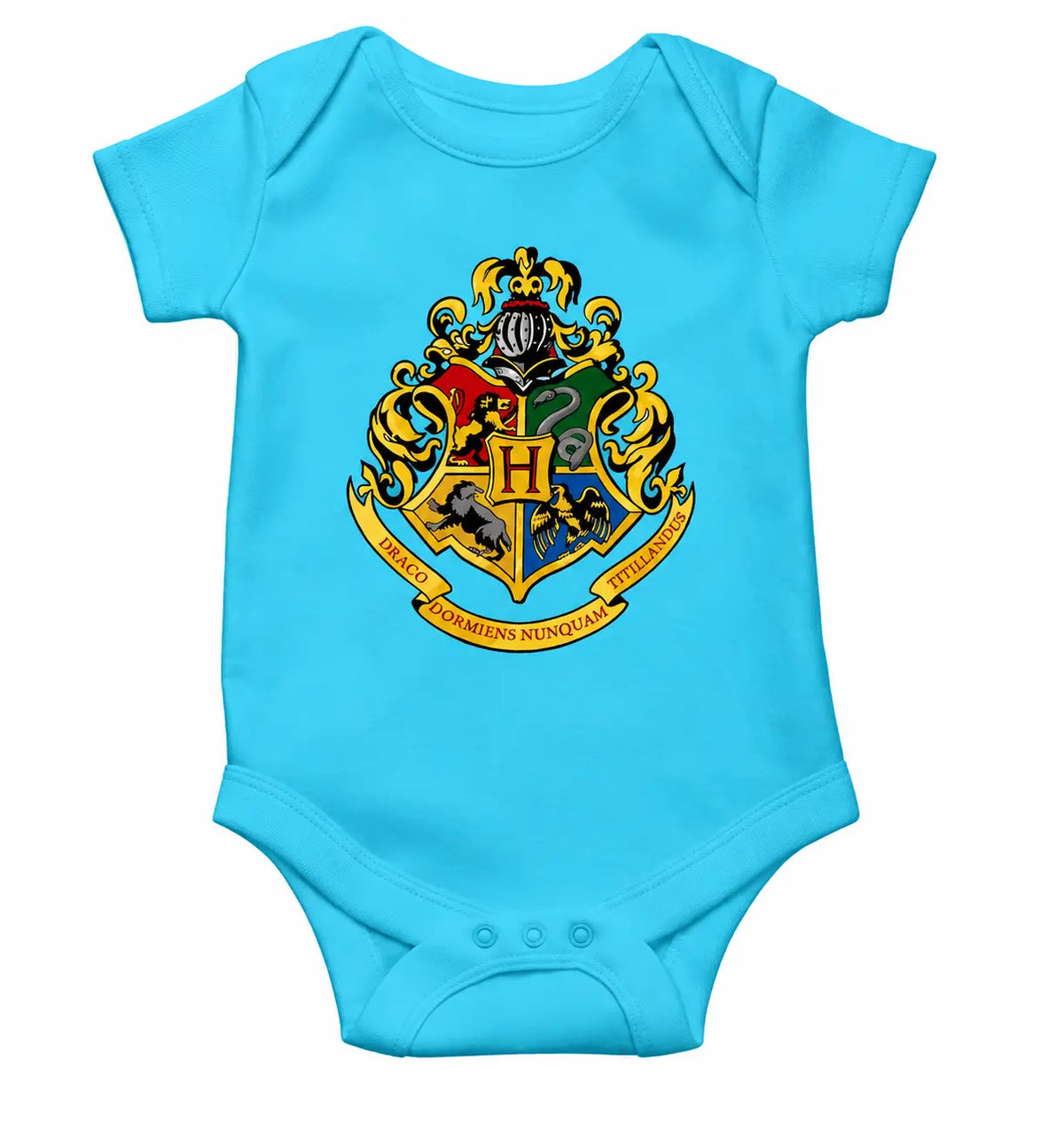 Sky blue baby boy romper with colorful house crest graphic