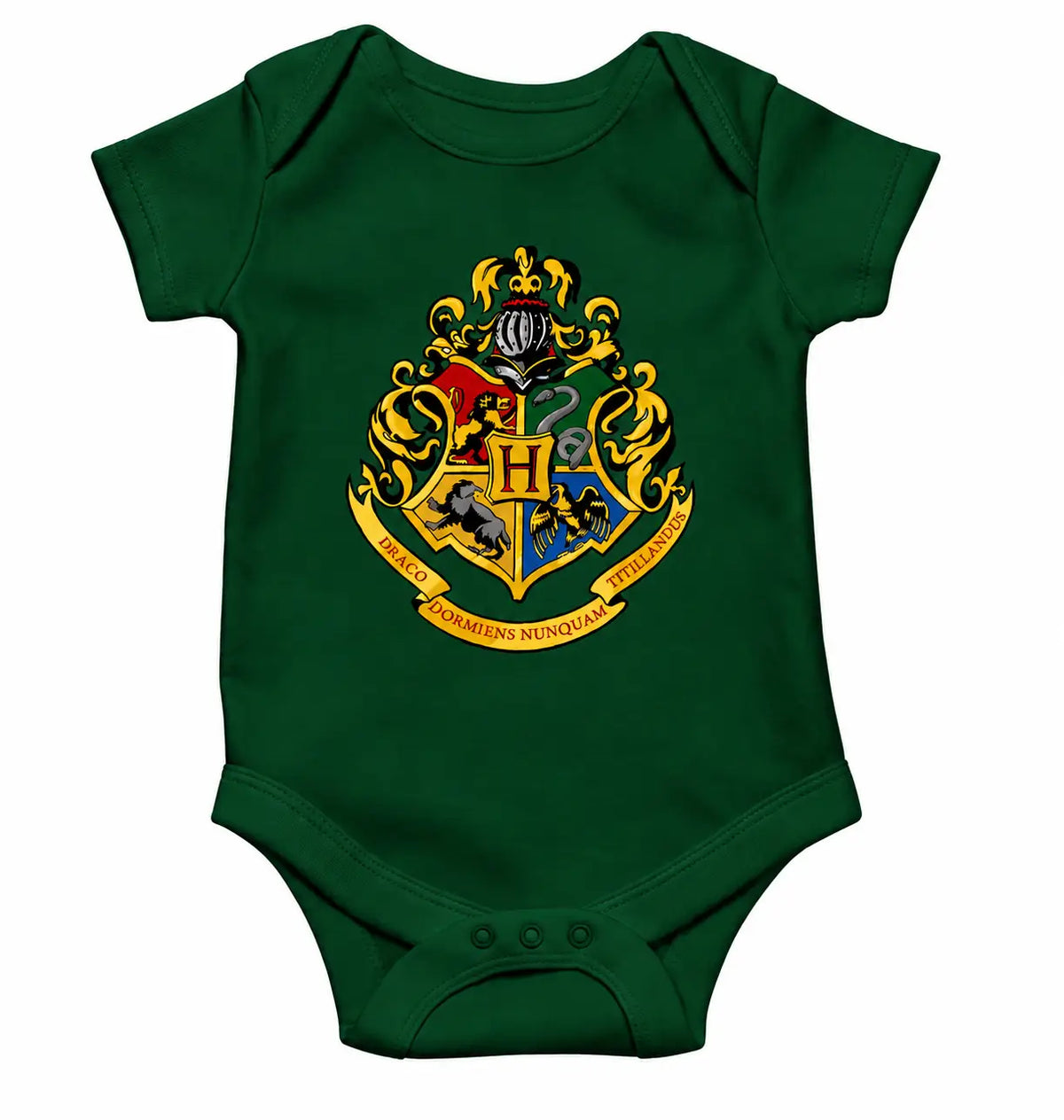 Green baby boy romper with colorful house crest graphic