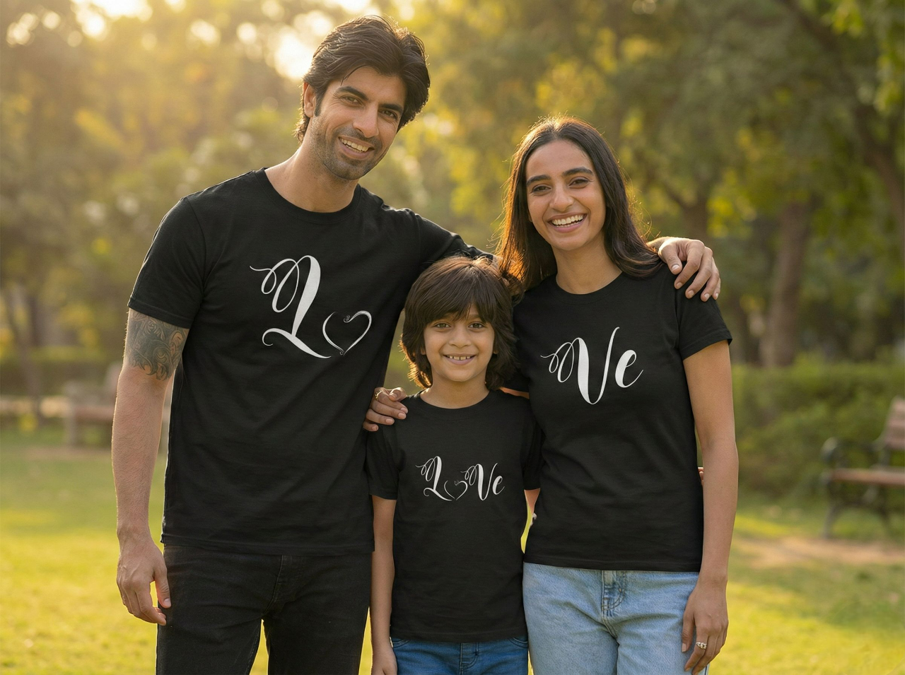 Family of three wearing black t-shirts with 'Love' printed on them