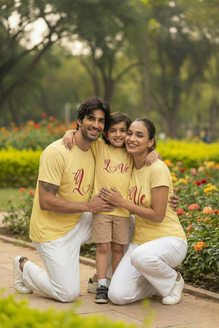 Family of three wearing matching yellow shirts with 'Love' printed on them