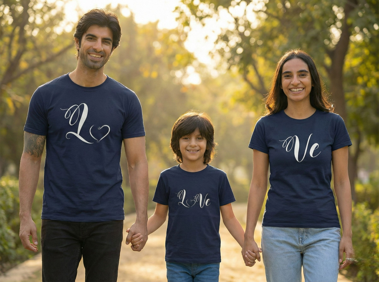 Family of three wearing navy blue t-shirts