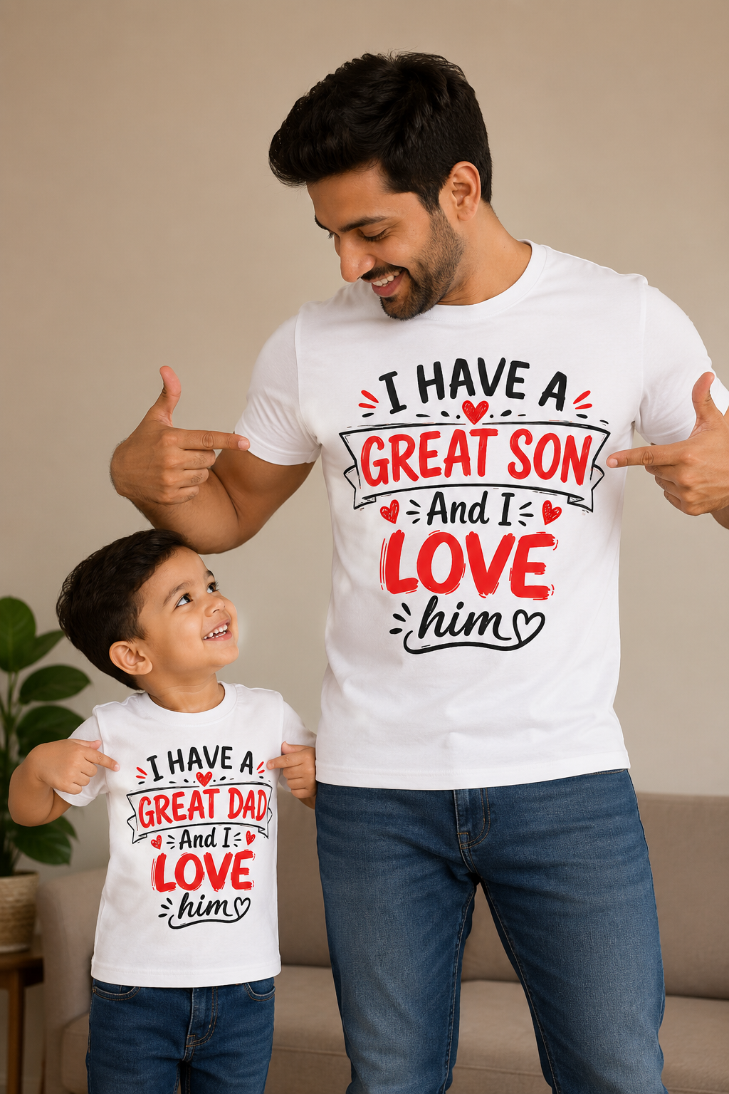 Man and child wearing matching shirts with text great dad about love and son/dad relationship.