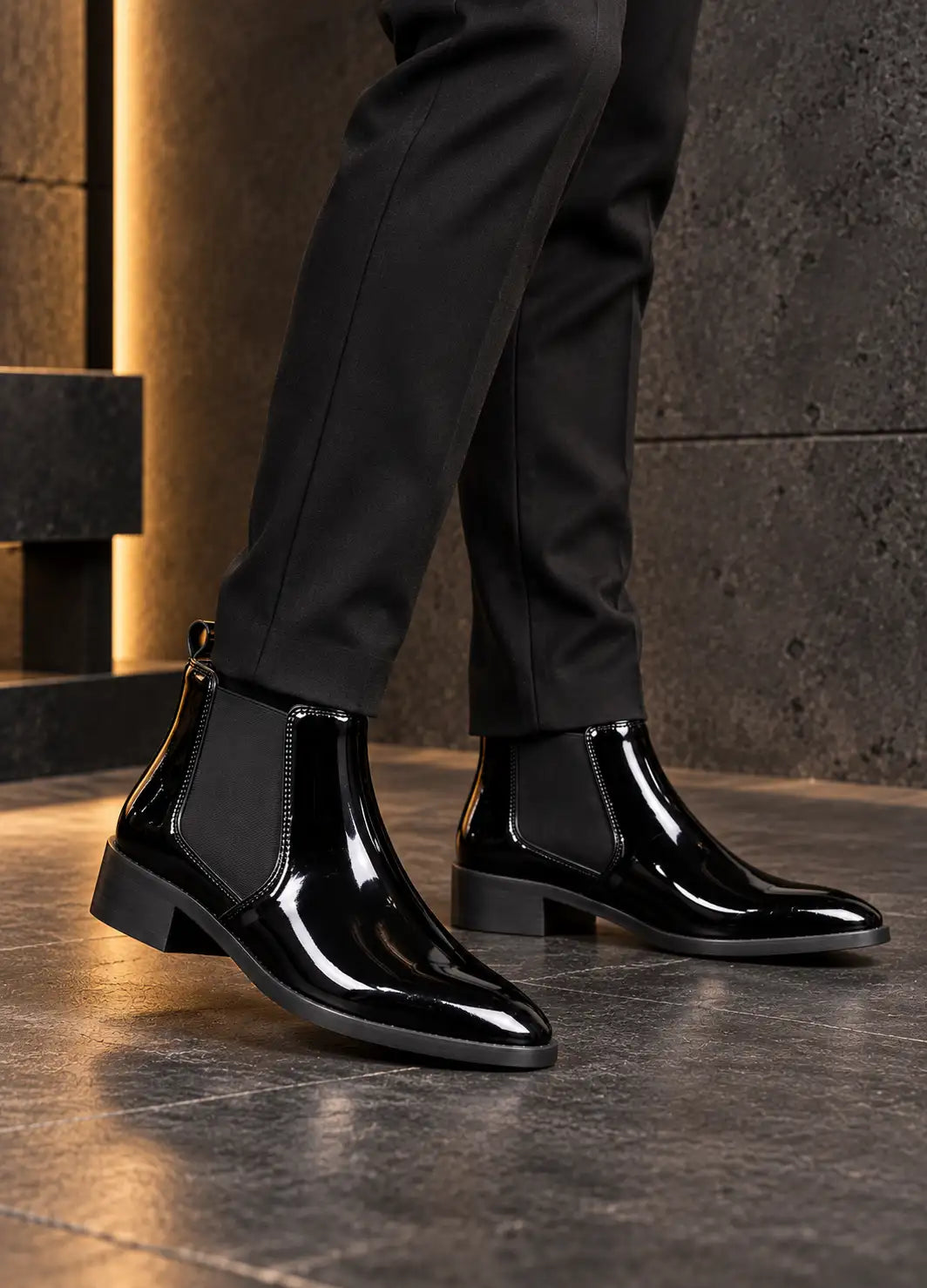 Men's Black Patent Chelsea Boots | Wrinkle-Free Faux Leather Ankle Boots