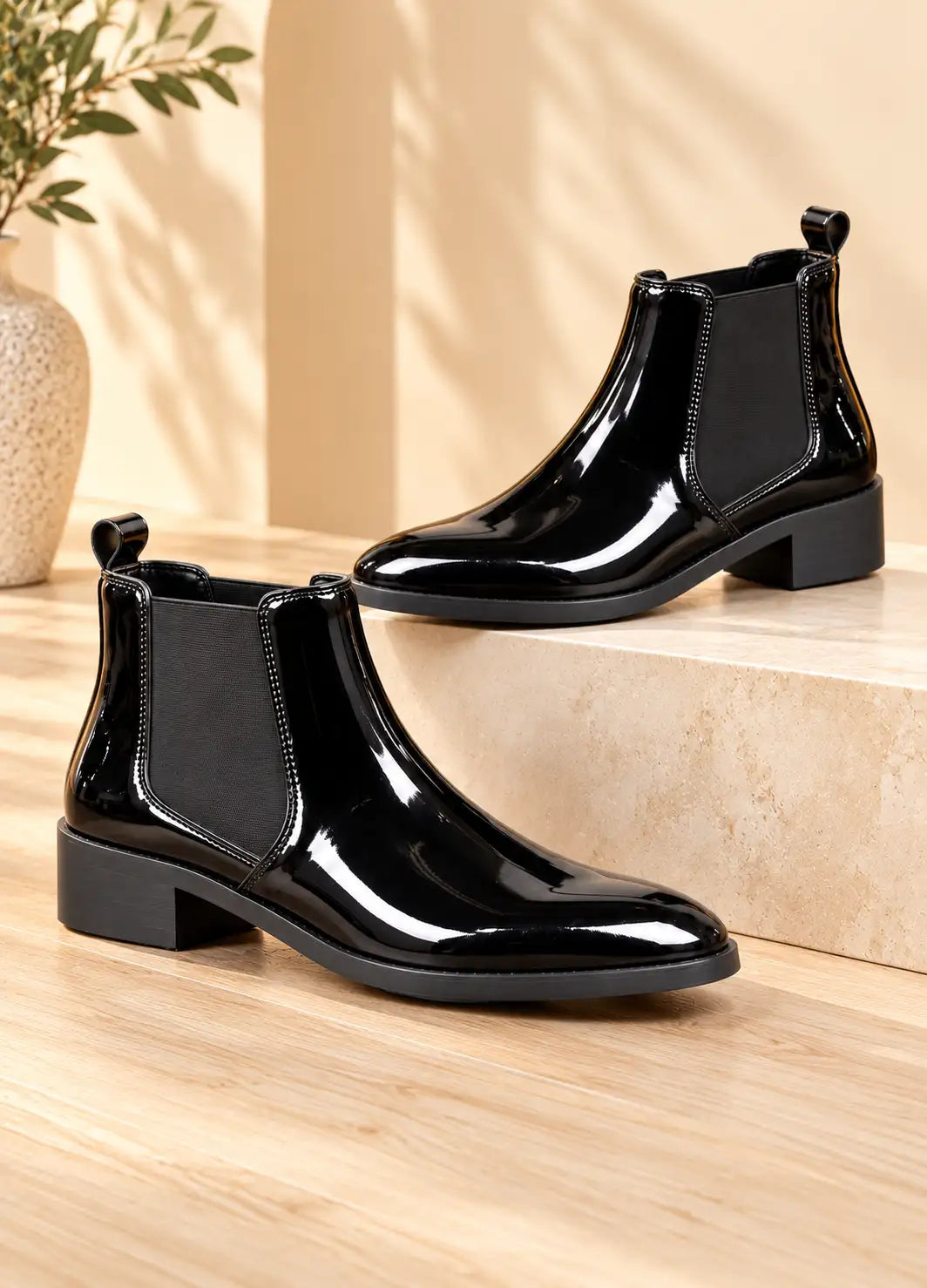 Men's Black Patent Chelsea Boots | Wrinkle-Free Faux Leather Ankle Boots