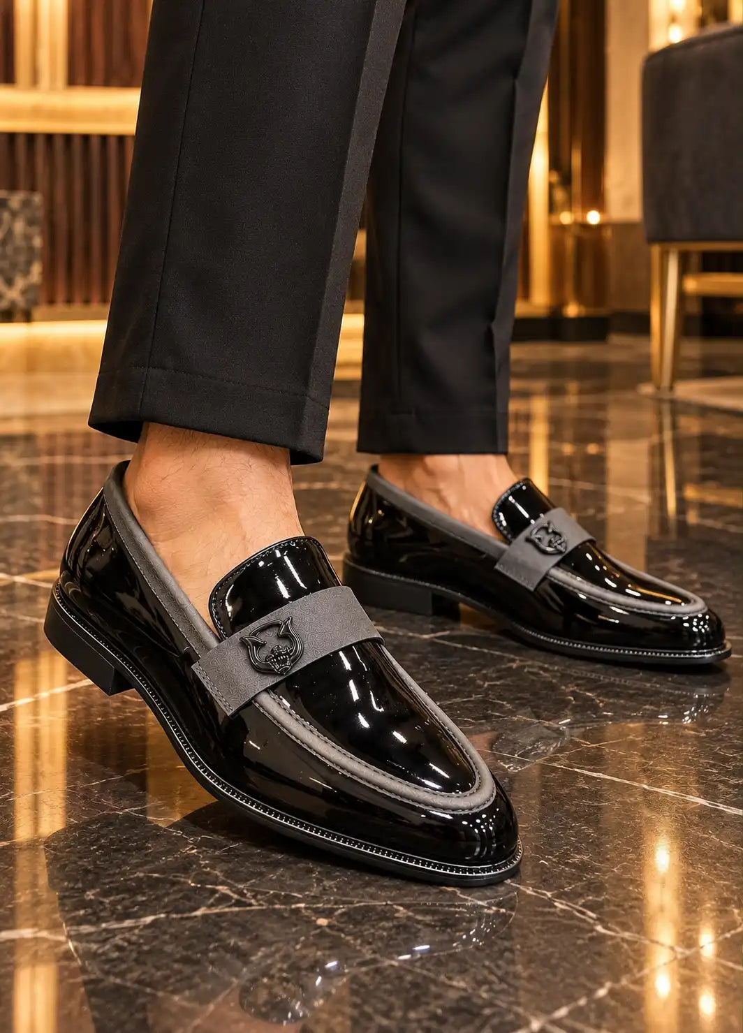 Premium Partywear Patent Black Moccasins for Men – Grey Strap Detail