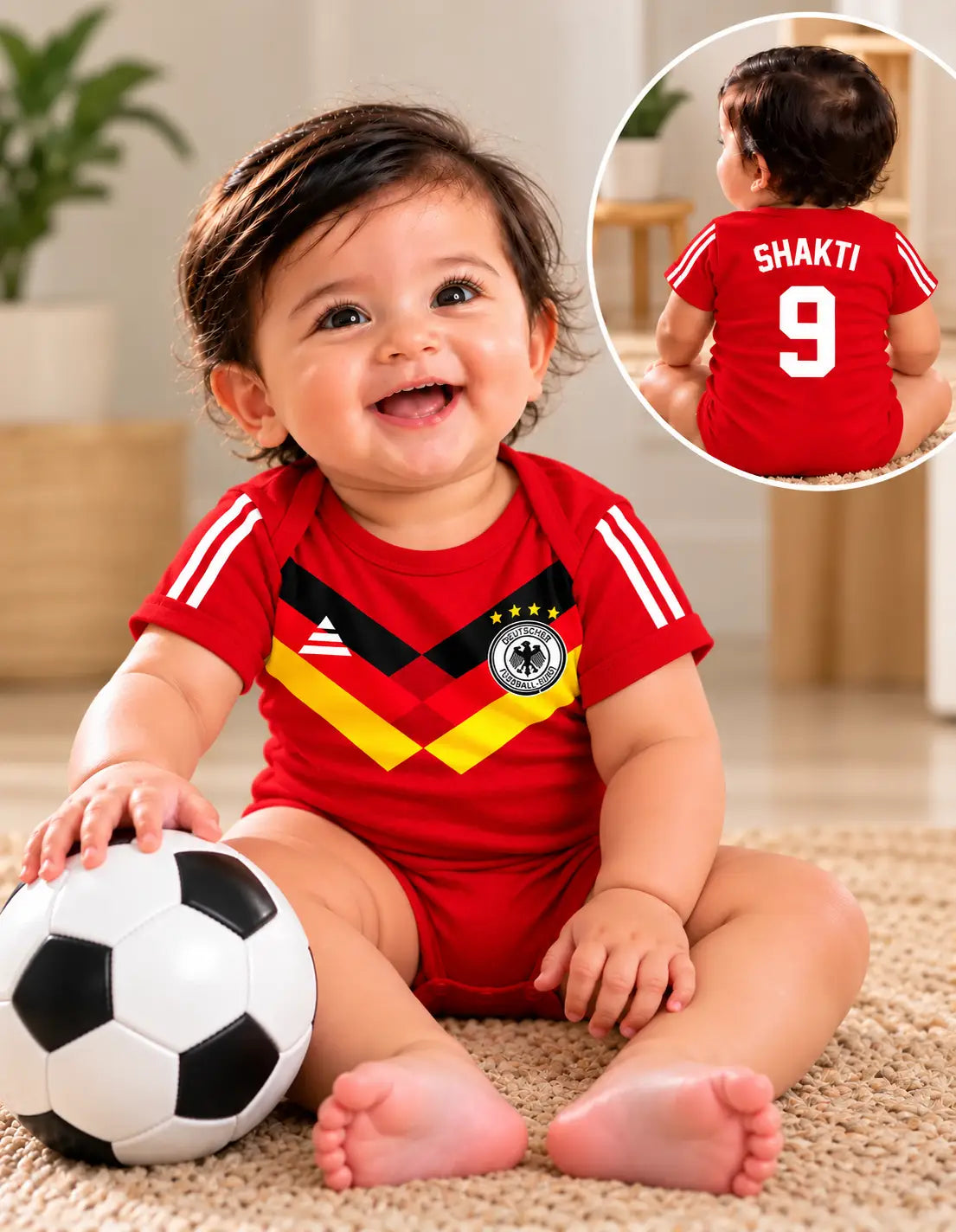 Baby boy soccer romper, red with white sleeve stripes and colorful diamond team crest
