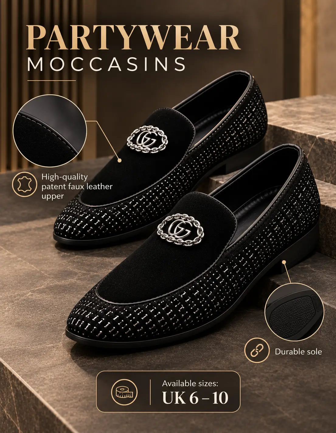 Black partywear moccasin loafers with studded faux leather uppers and durable soles