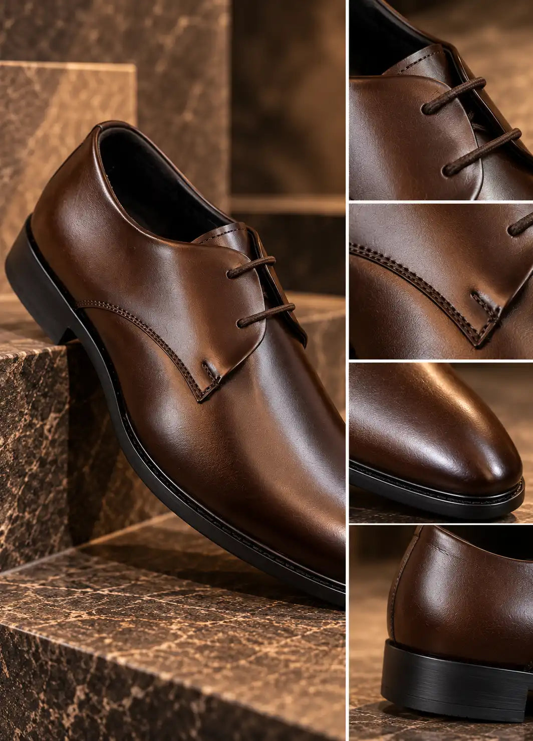 Brown faux leather dress shoe with close-ups of laces, stitching, toe, and heel