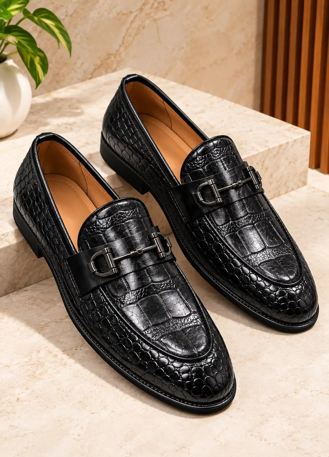 Premium Croc-Texture Loafers for Men – Black & Dark Brown