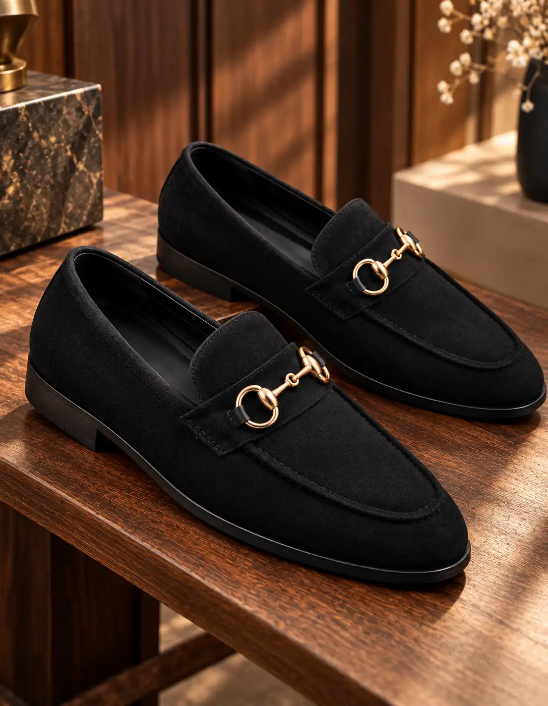 Premium Black Suede-Look Horsebit Moccasins for Men – Gold Metal Detail