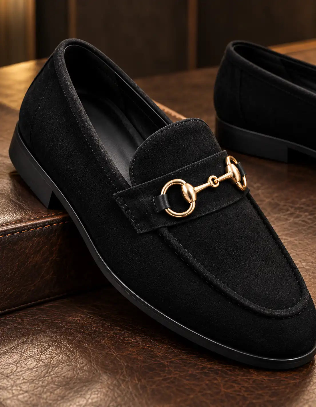 Close-up of a black suede-look moccasin with gold-tone horsebit hardware