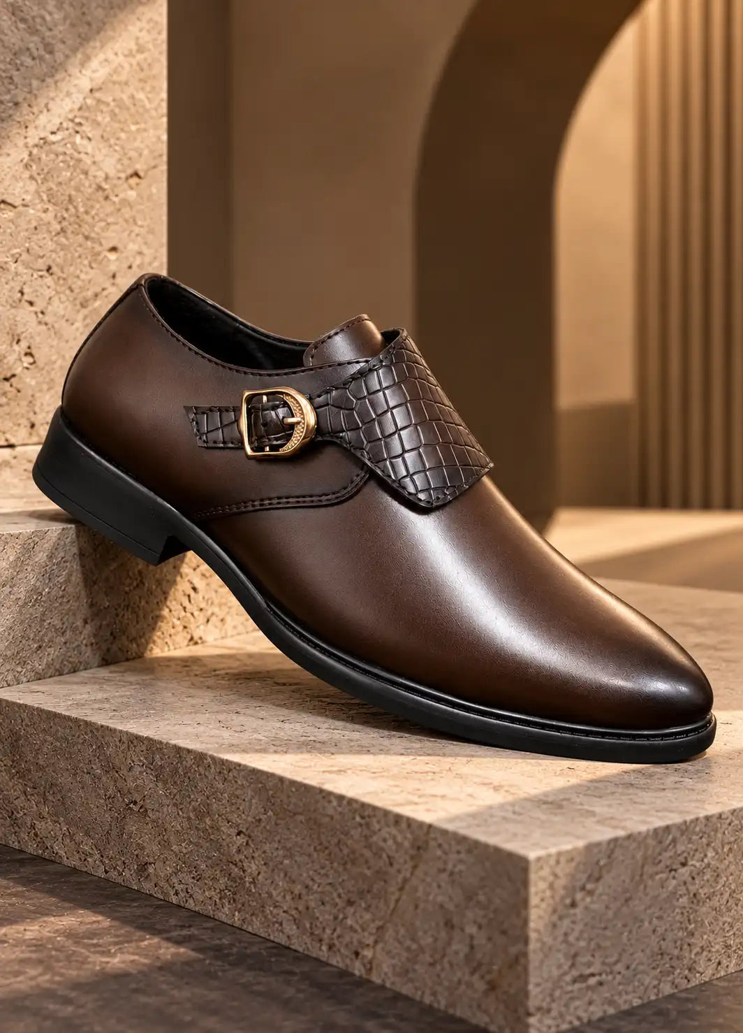 Single brown faux leather monk strap shoe with woven panel and gold-tone buckle