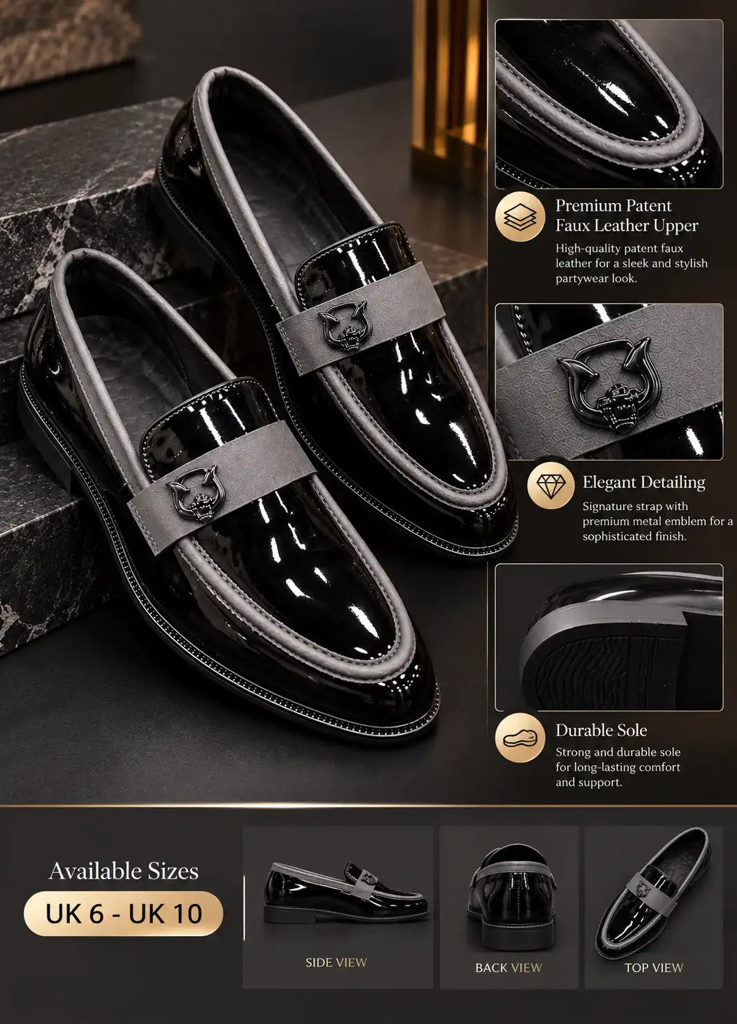 Pair of black patent loafers with gray trim and emblem straps, shown with side, back, and top views
