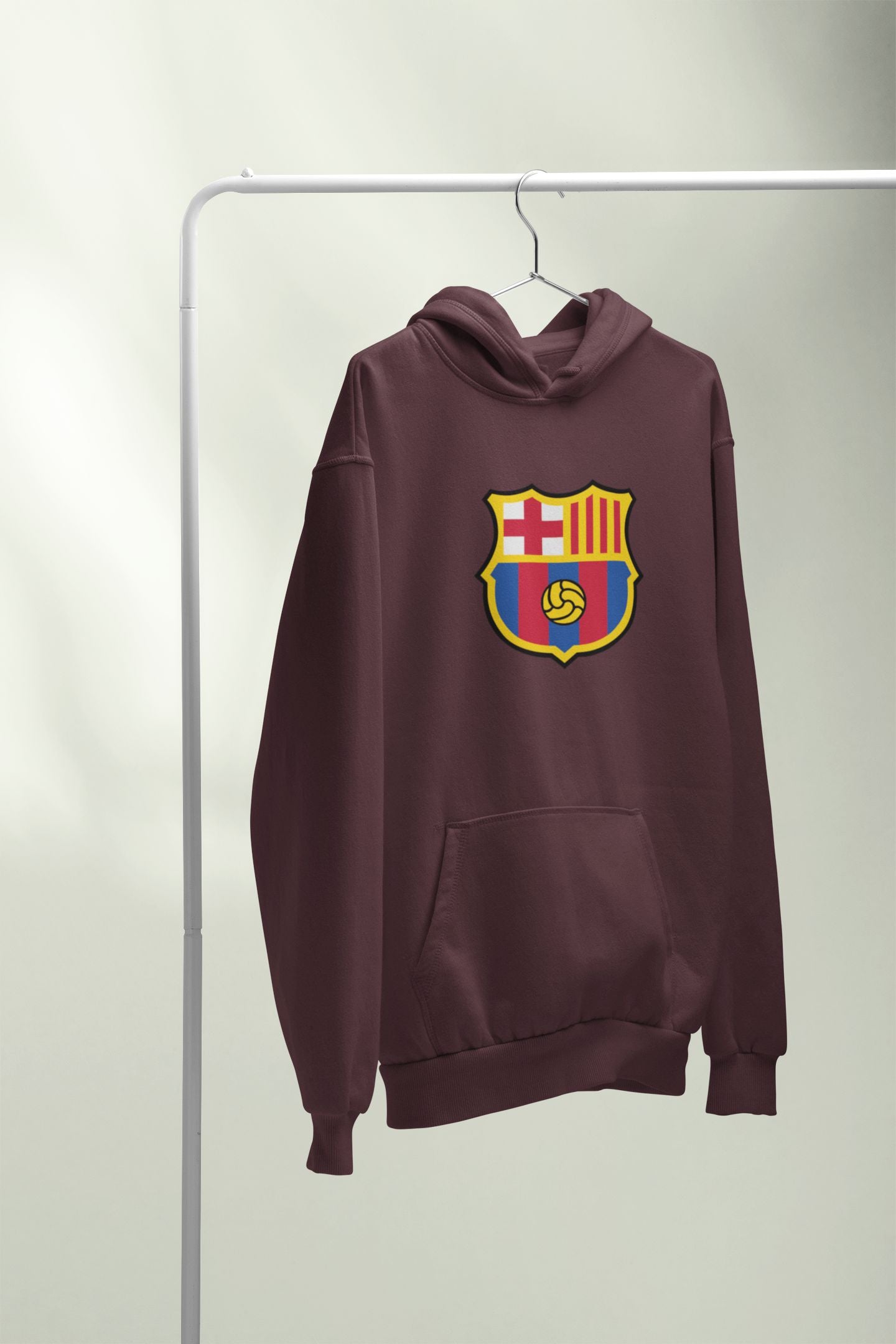 Maroon hoodie with a colorful emblem on a white background