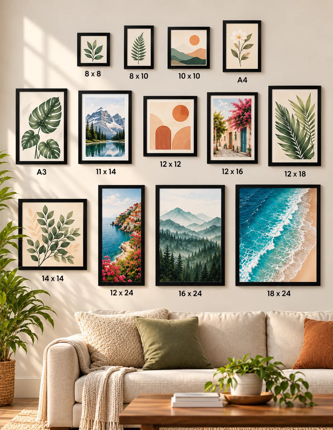 Set of framed posters in multiple sizes, showing different nature and ocean scenes