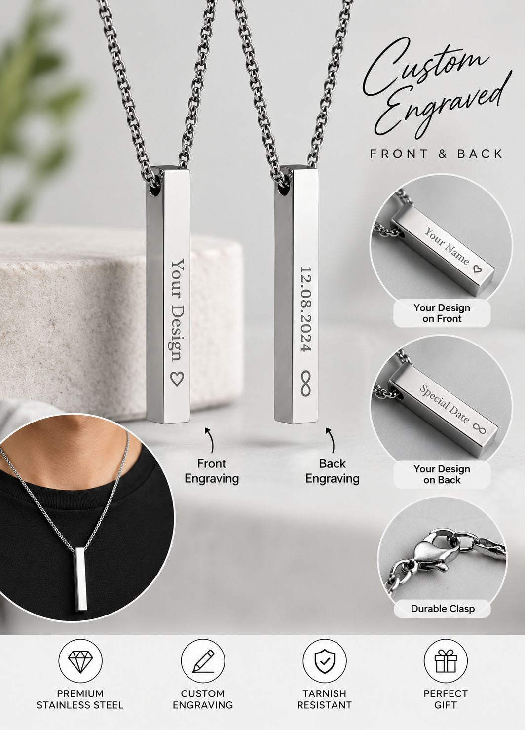 Personalized bar pendant with custom front and back engraving