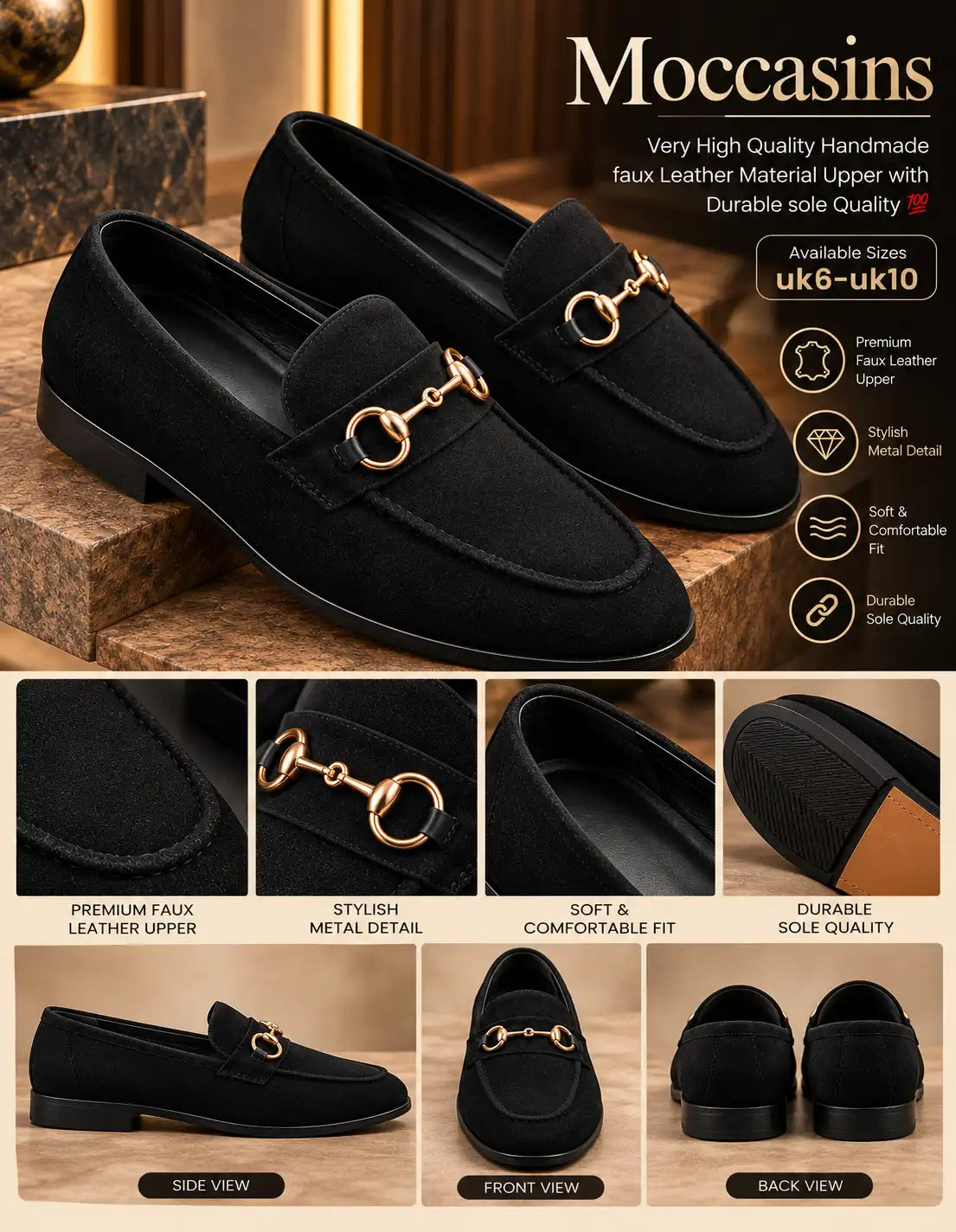 Black suede-look horsebit moccasins with gold-tone metal detail and low-profile soles