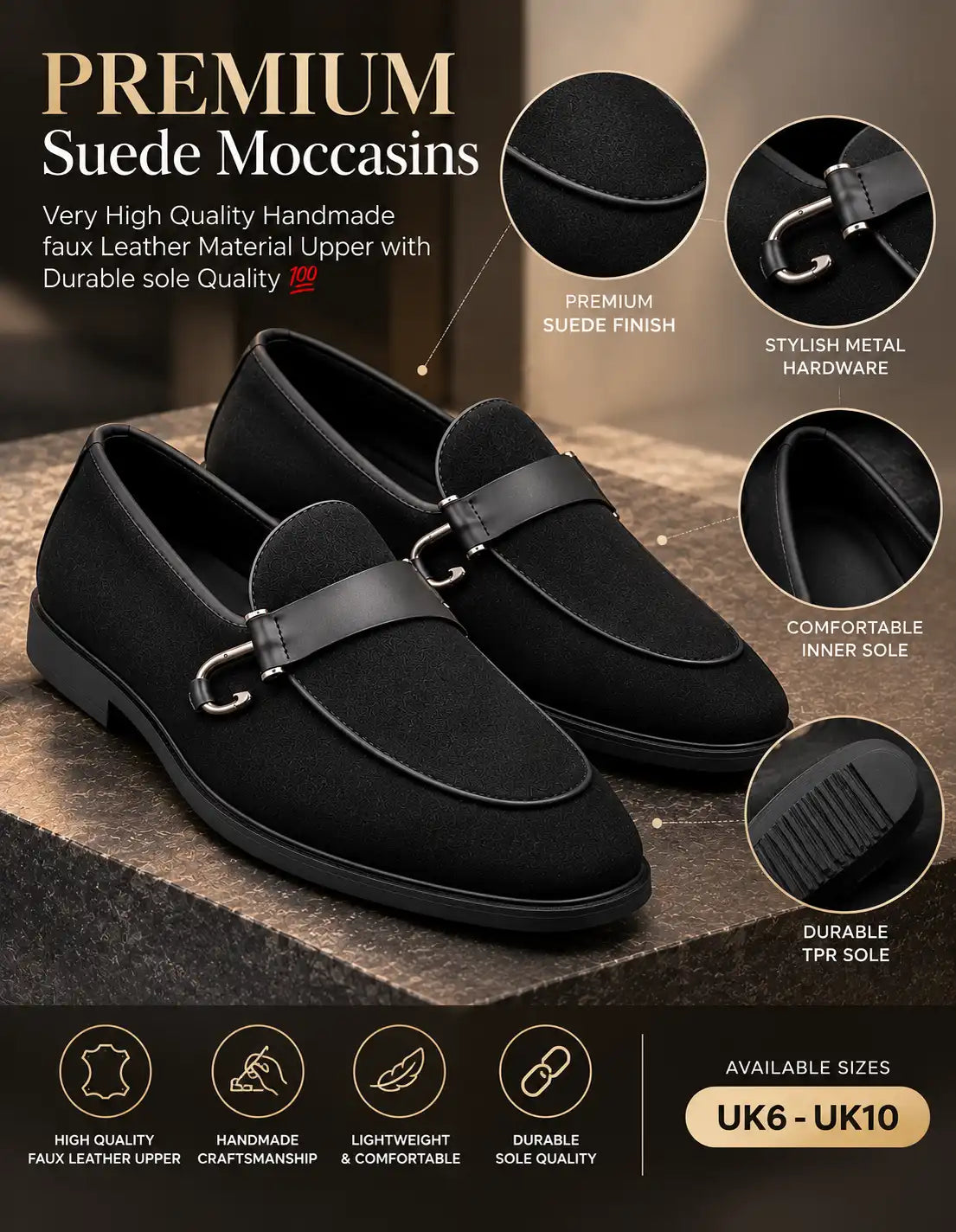Black suede-finish men's loafers with metal bit straps and durable soles