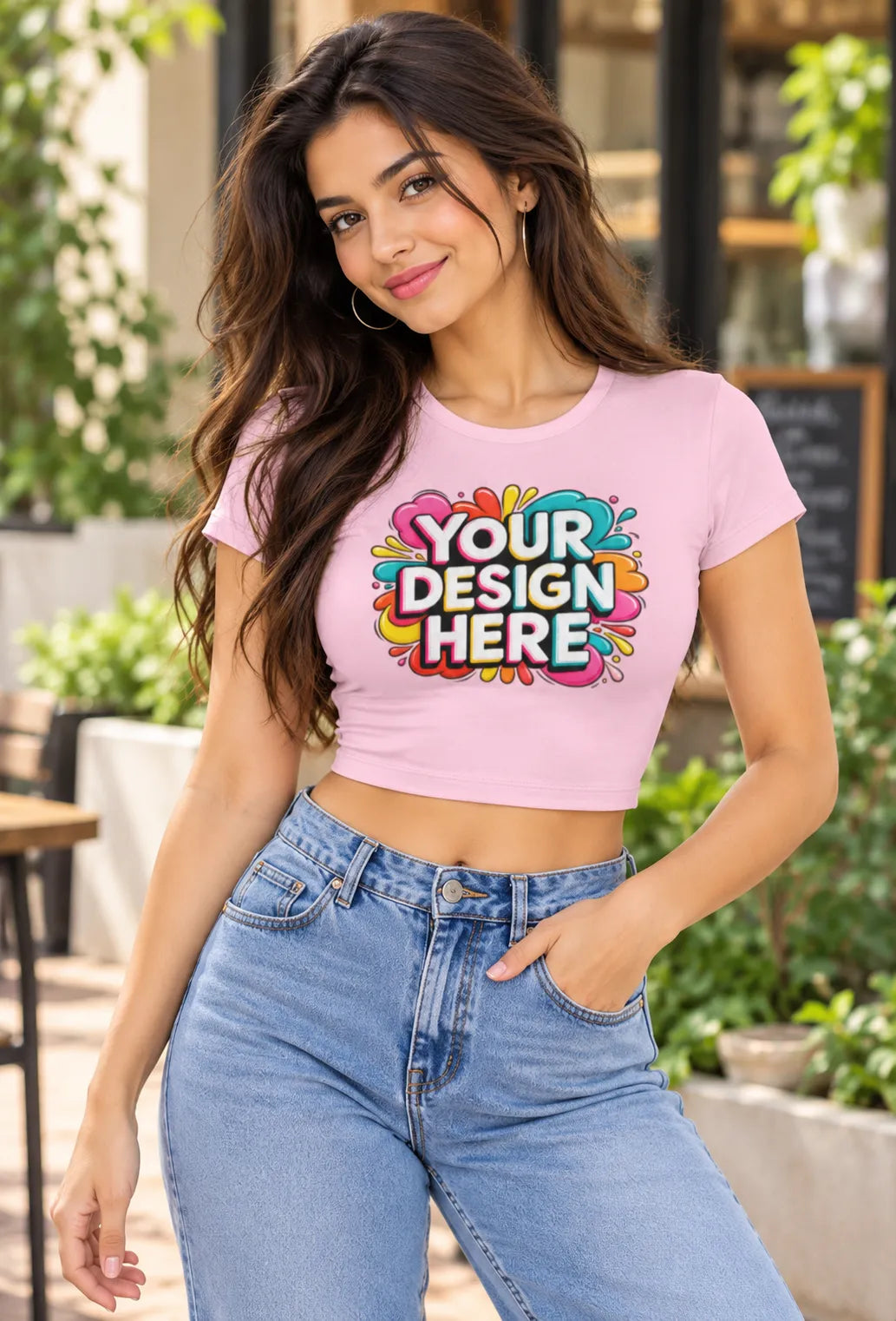 Women’s pink cropped baby tee with colorful custom graphic print on the front
