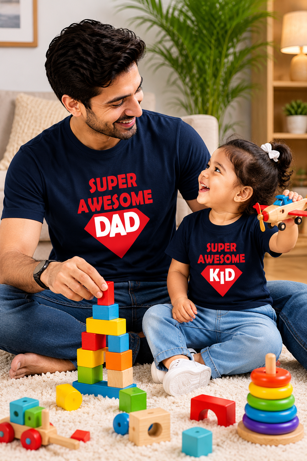 Man and child playing with building blocks in a living room, both wearing 'Super Awesome' t-shirts.