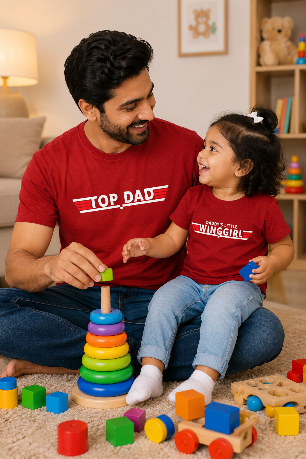 Man and child playing with colorful toys in a living room