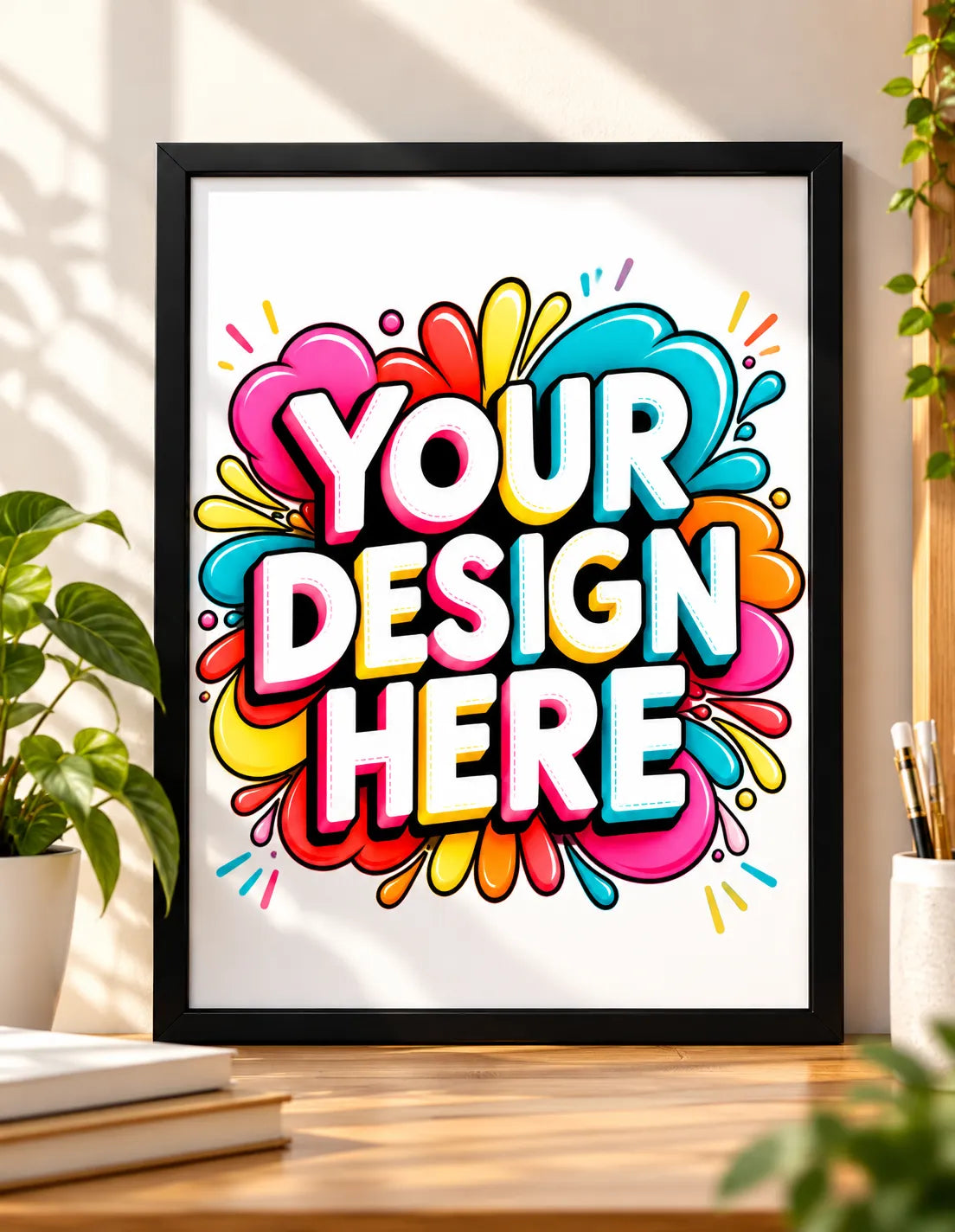 Framed custom poster with large colorful 'YOUR DESIGN HERE' lettering