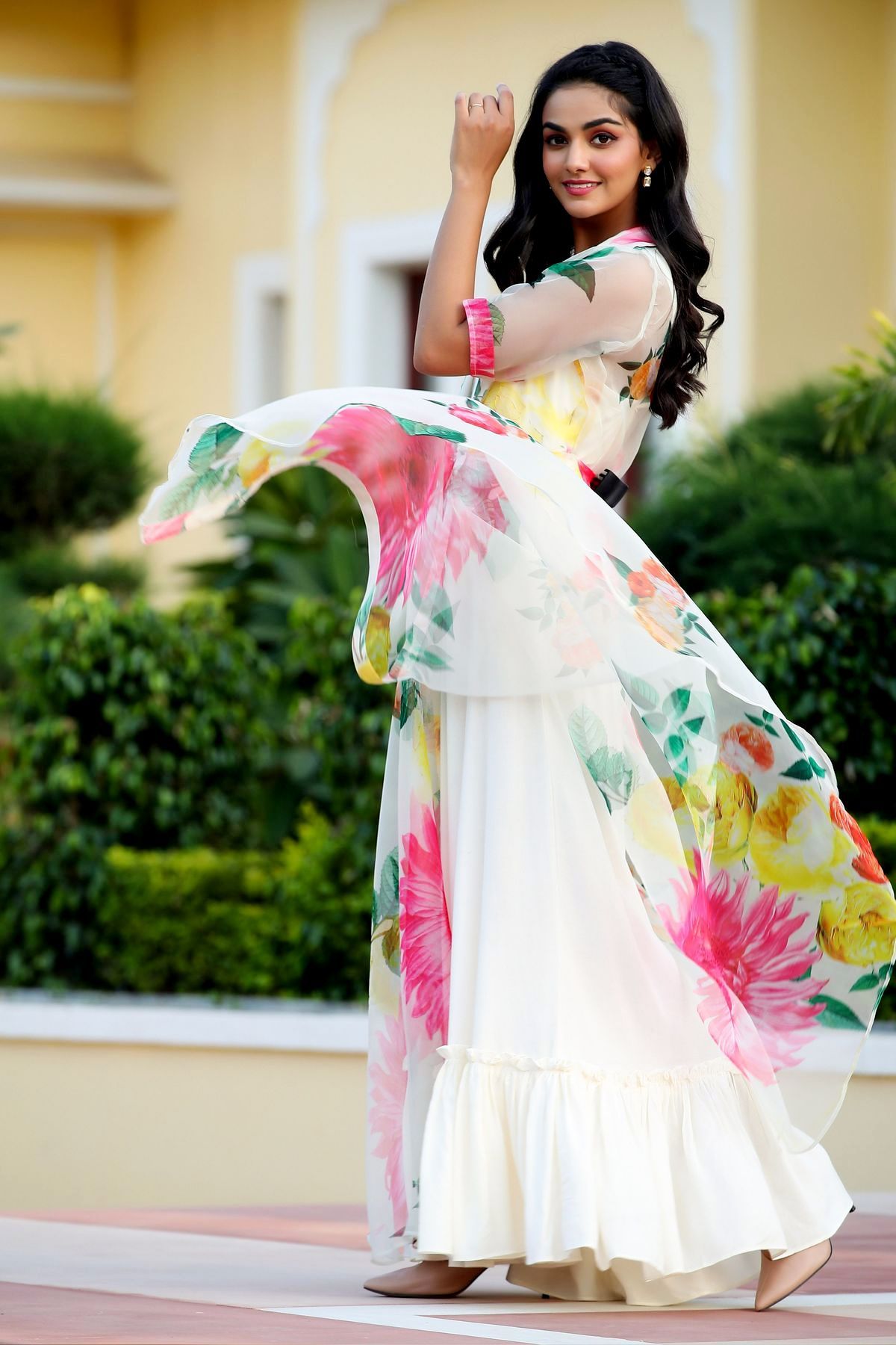 White Floral Party Wear Maxi Dress With Shrugs- FunkyTeesClub