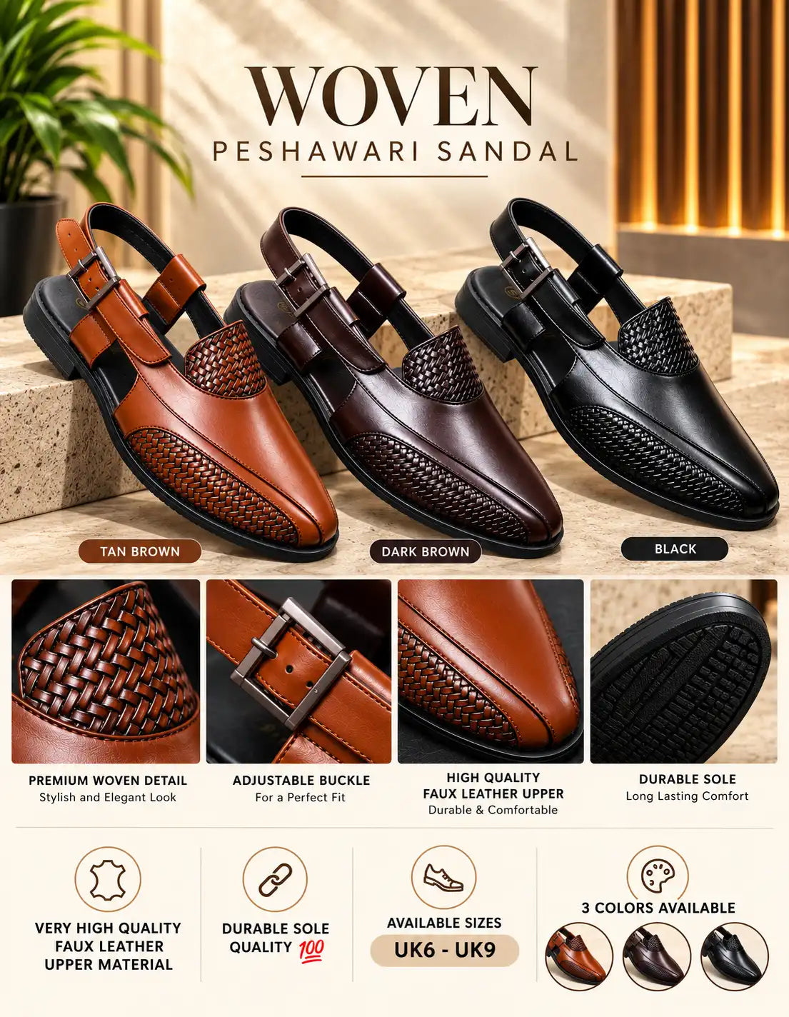 Men's woven Peshawari sandals in tan, dark brown, and black, with buckles and textured panels