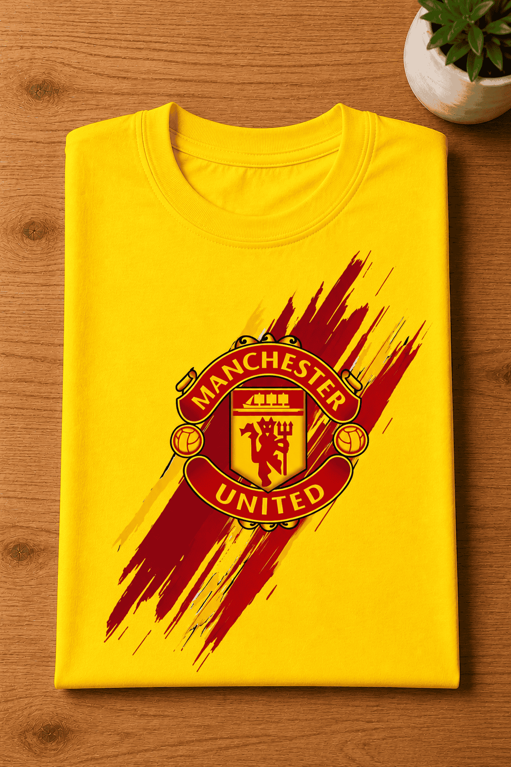 Yellow football fan t-shirt for boys featuring Manchester United inspired graphic artwork