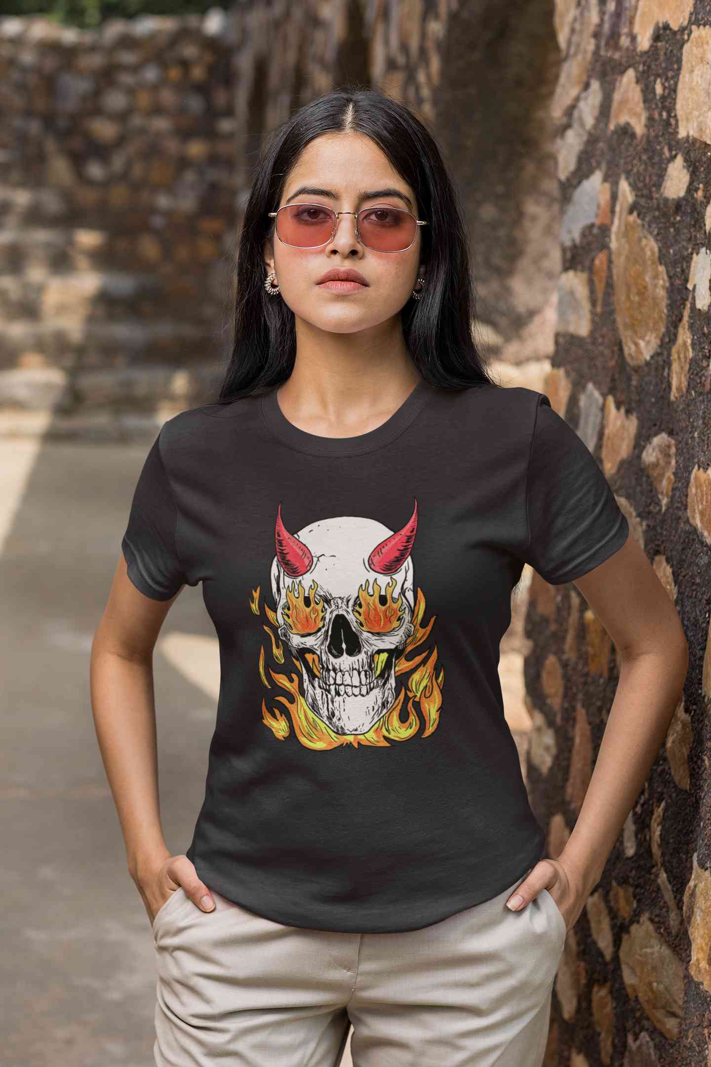 A Horned Skull In Flames Women Half Sleeves T-shirt- FunkyTeesClub