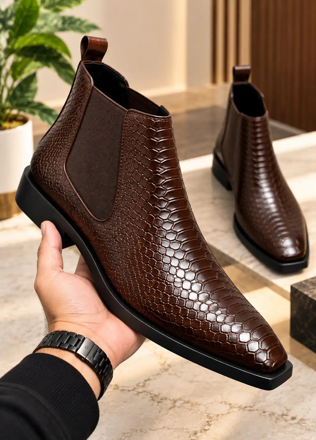 Dark brown croc-texture Chelsea boot with elastic gusset and pull tab