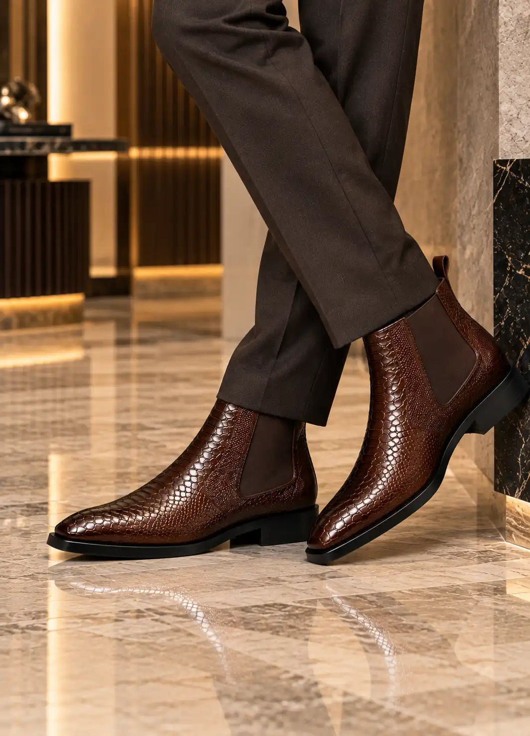 Premium Croc-Texture Chelsea Boots for Men – Black & Dark Brown