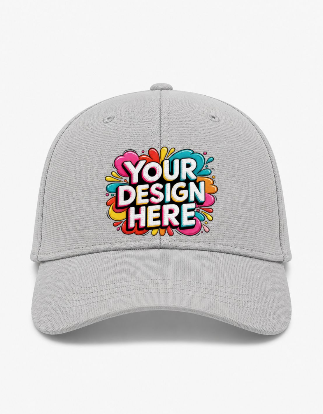 A light gray baseball cap with a colorful 'YOUR DESIGN HERE' mockup graphic on the front, set against a clean white background.