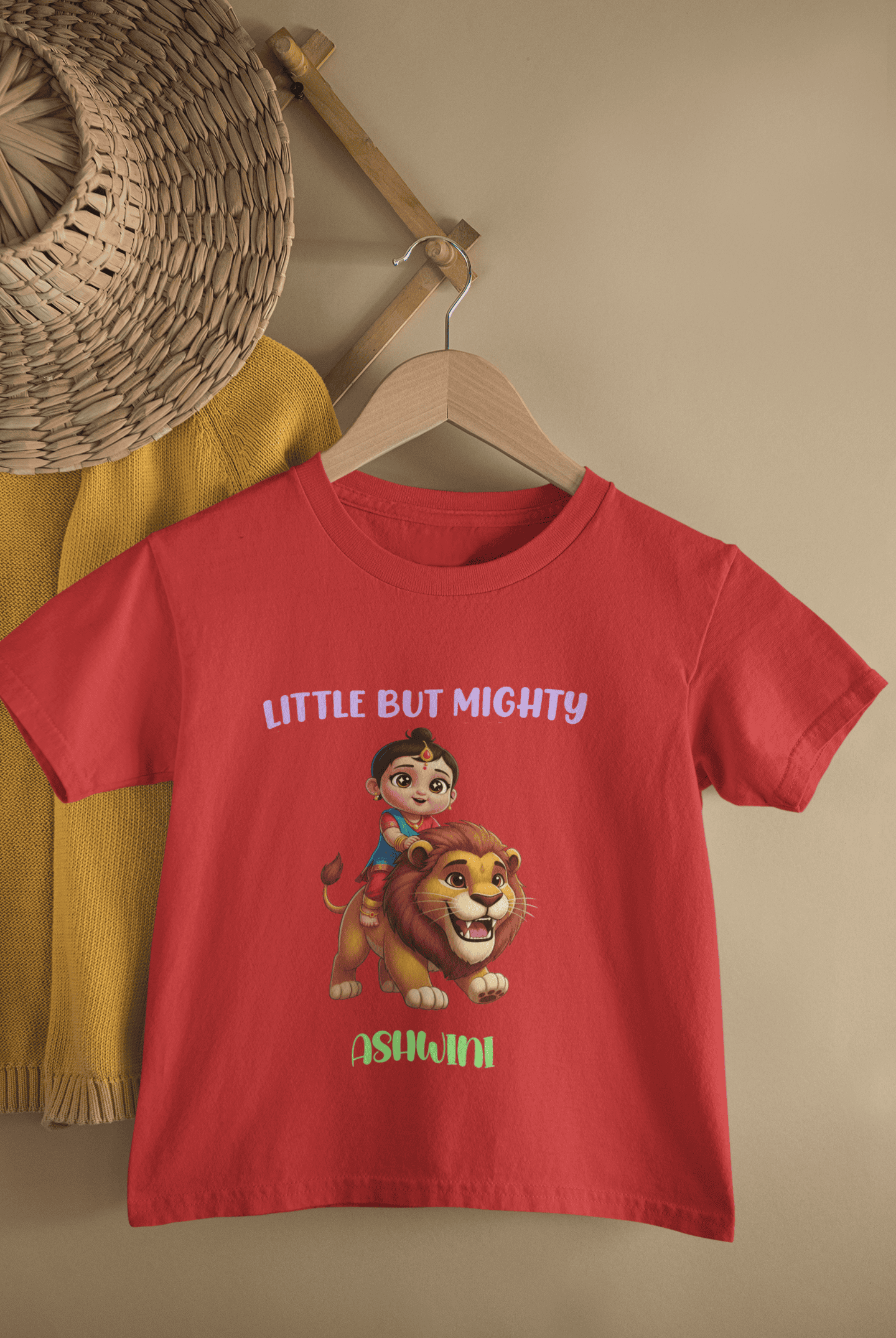 Custom Name Little But Mighty Durga Pooja Half Sleeves T-Shirt For Girls -FunkyTeesClub