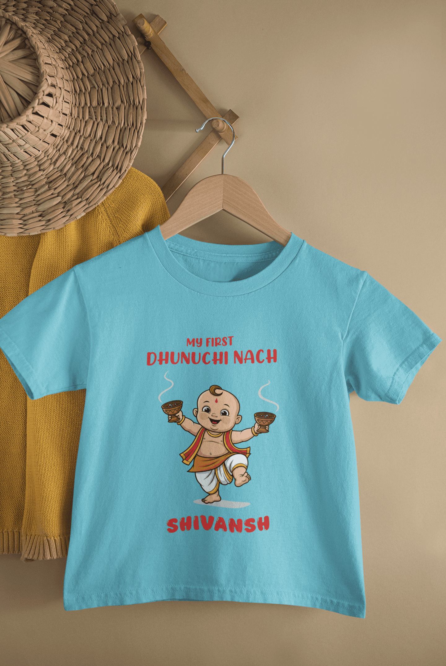 Custom Name My First Dhunuchi Nach Durga Pooja Half Sleeves T-Shirt for Boys -FunkyTeesClub