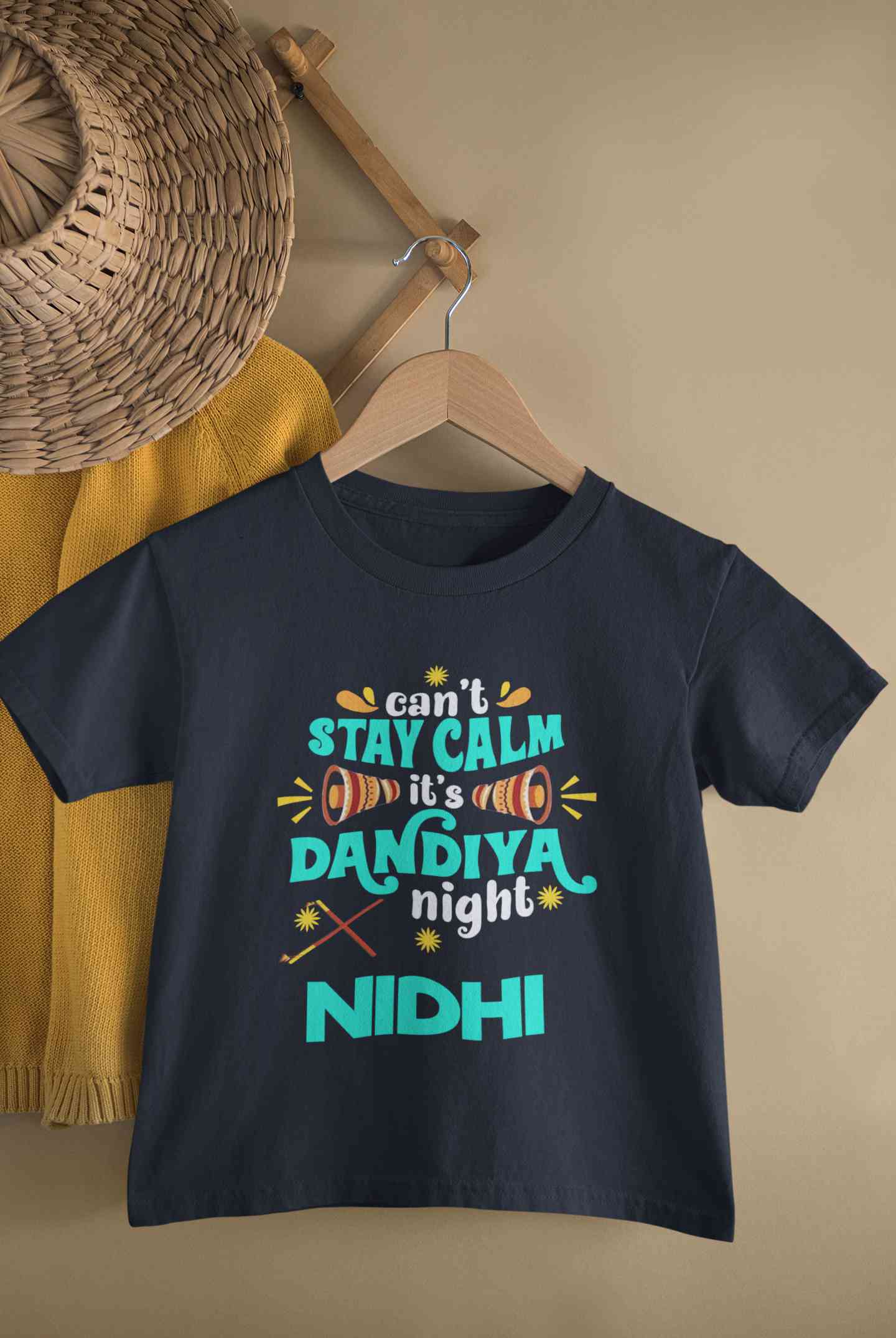 Custom Name Cant Stay Calm It Is Dandiya Night Navratri Half Sleeves T-Shirt For Girls -FunkyTeesClub