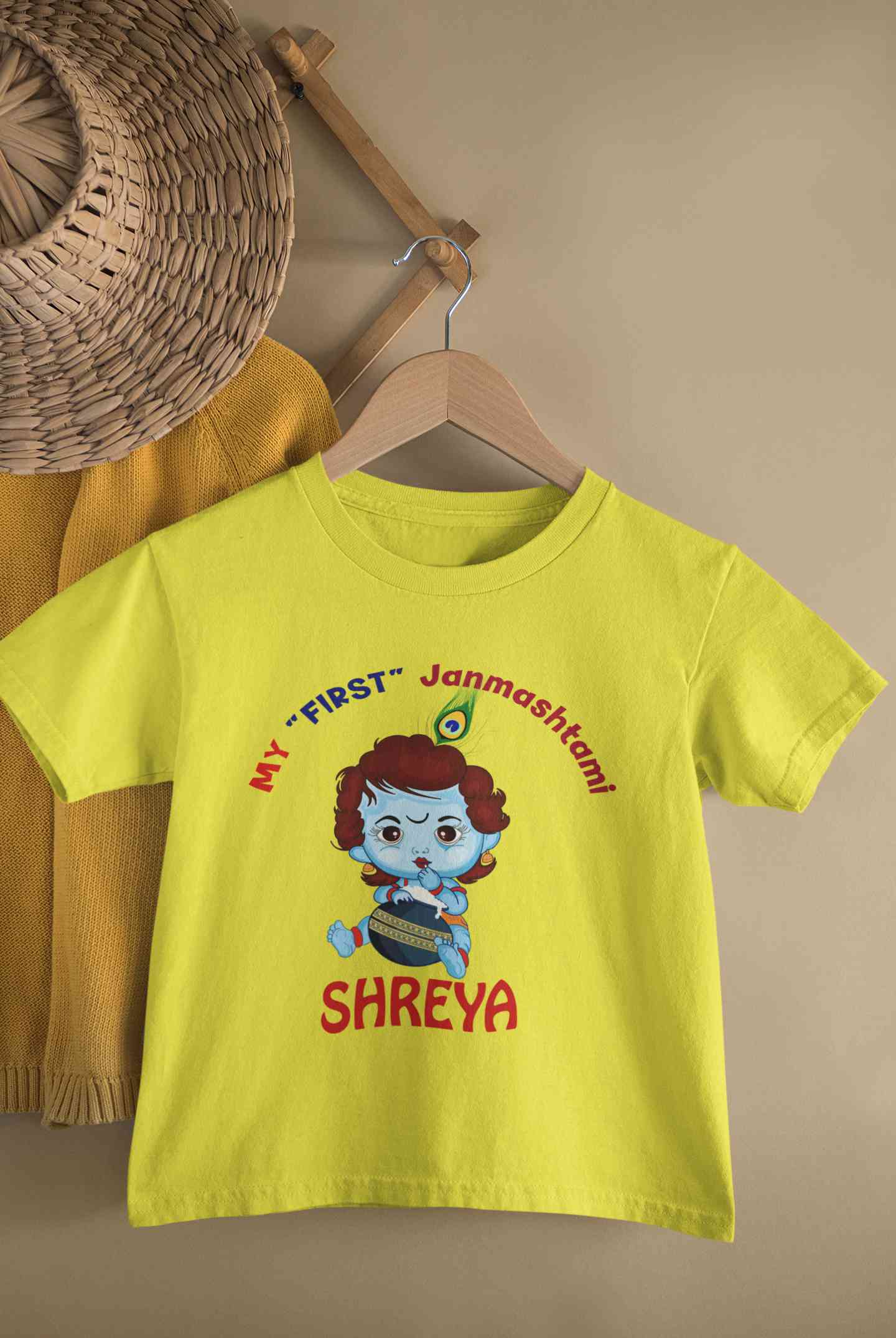 Custom Name First Janmashtami Half Sleeves T-Shirt For Girls -FunkyTeesClub