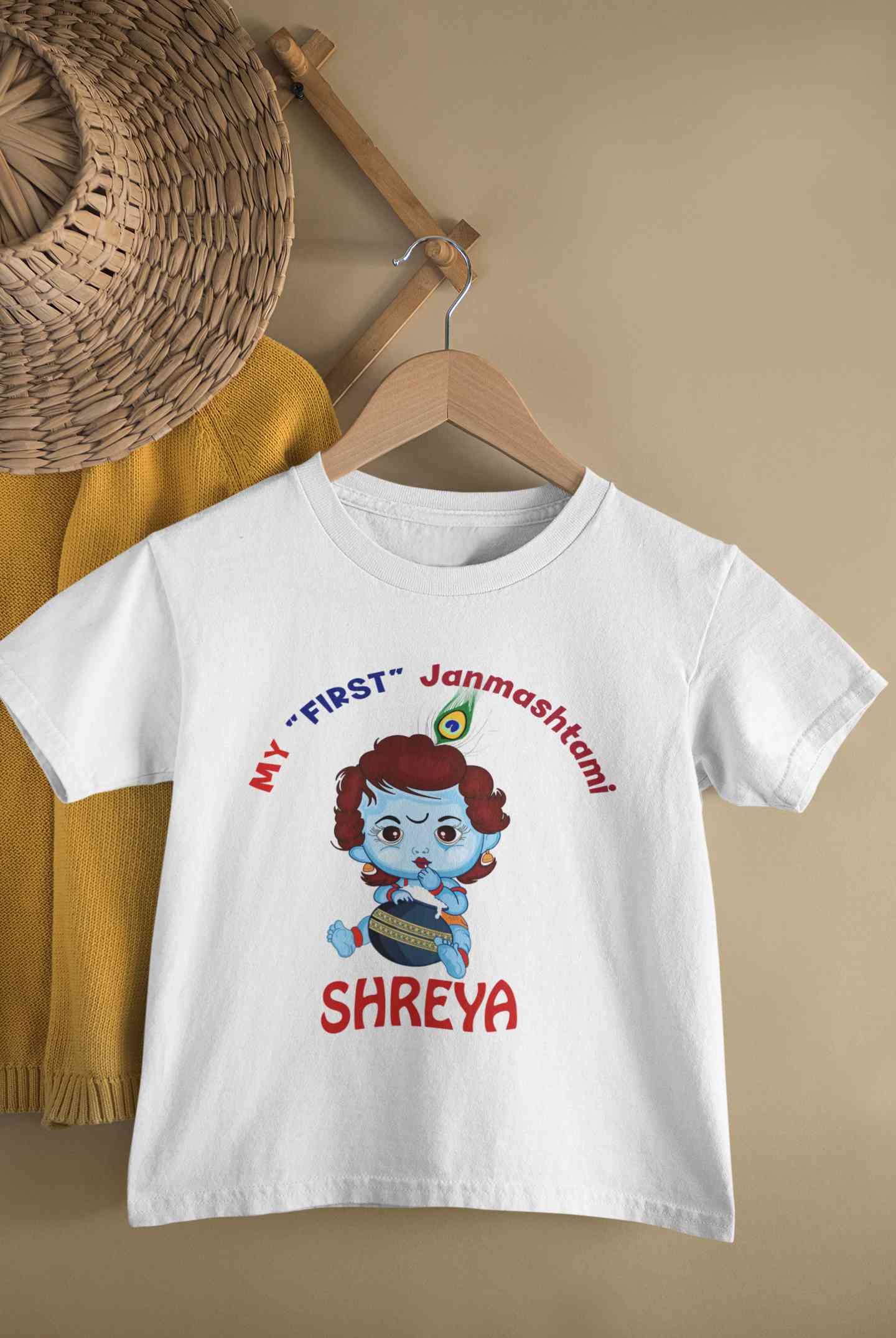 Custom Name First Janmashtami Half Sleeves T-Shirt For Girls -FunkyTeesClub