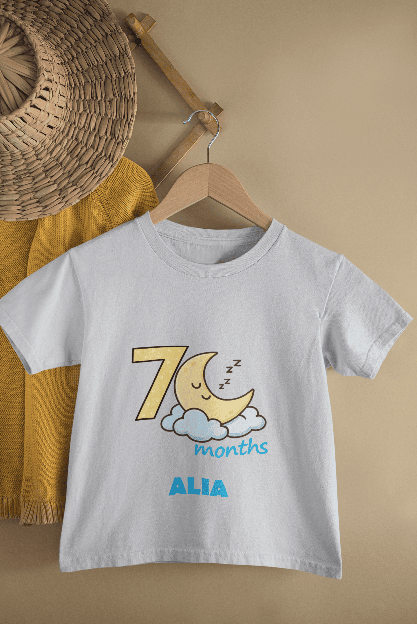 Custom Name Seven Month Moon Half Sleeves T-Shirt for Boys -FunkyTeesClub