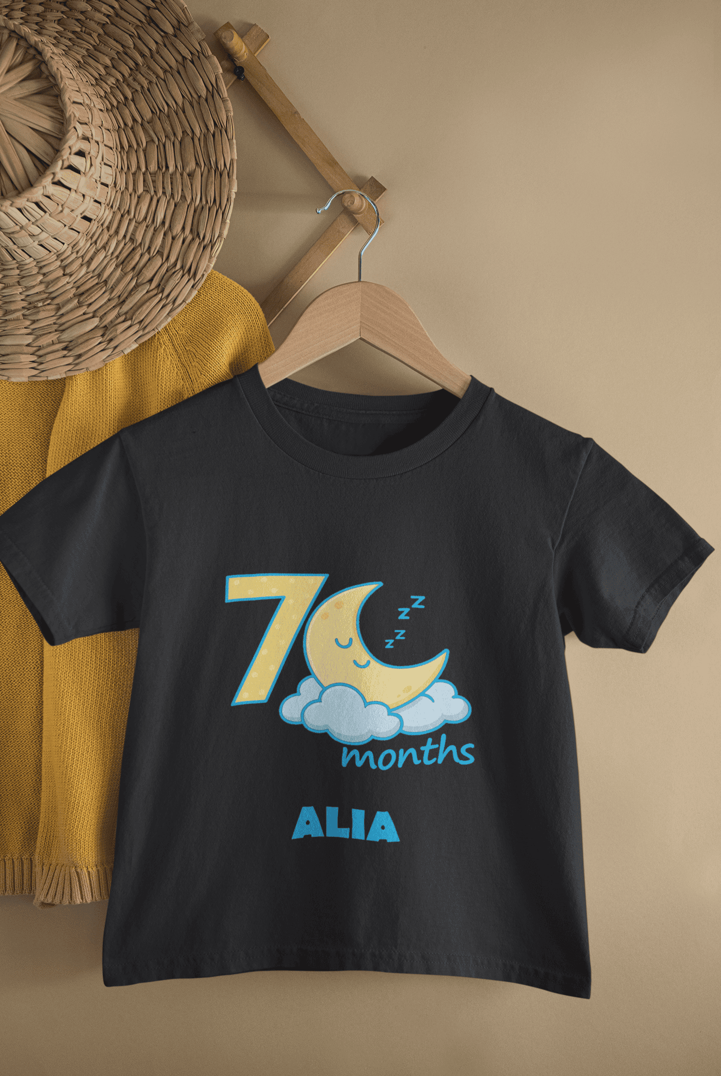 Custom Name Seven Month Moon Half Sleeves T-Shirt For Girls -FunkyTeesClub