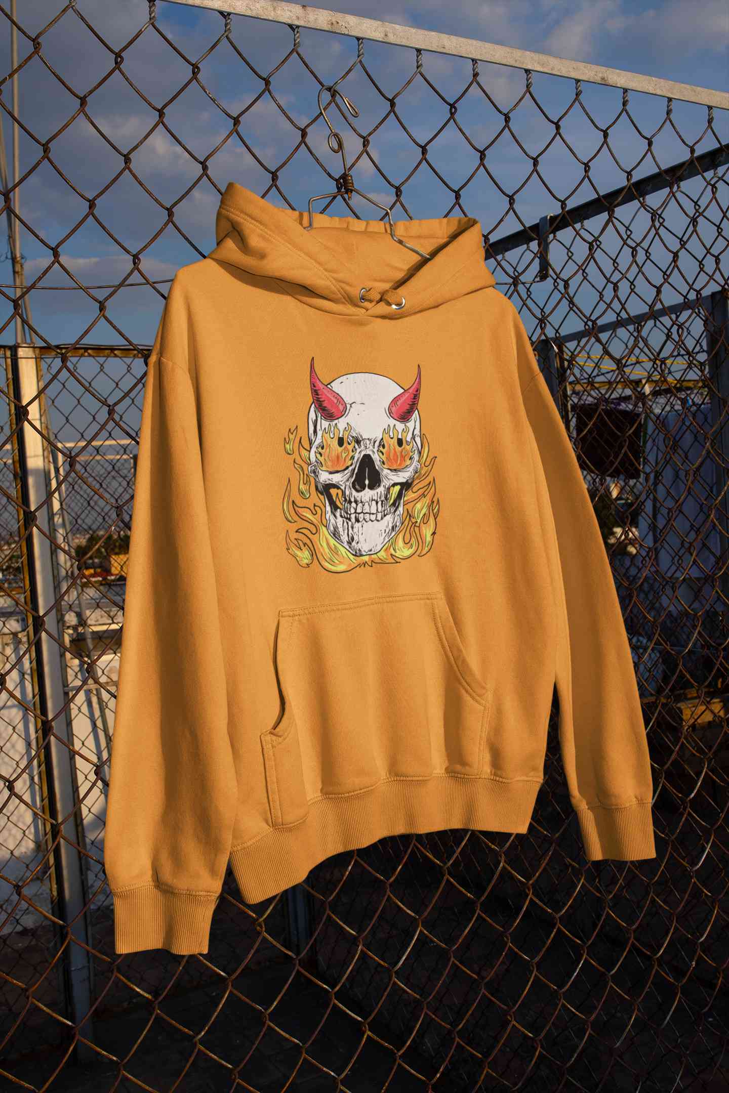 A Horned Skull In Flames Men Hoodies-FunkyTeesClub