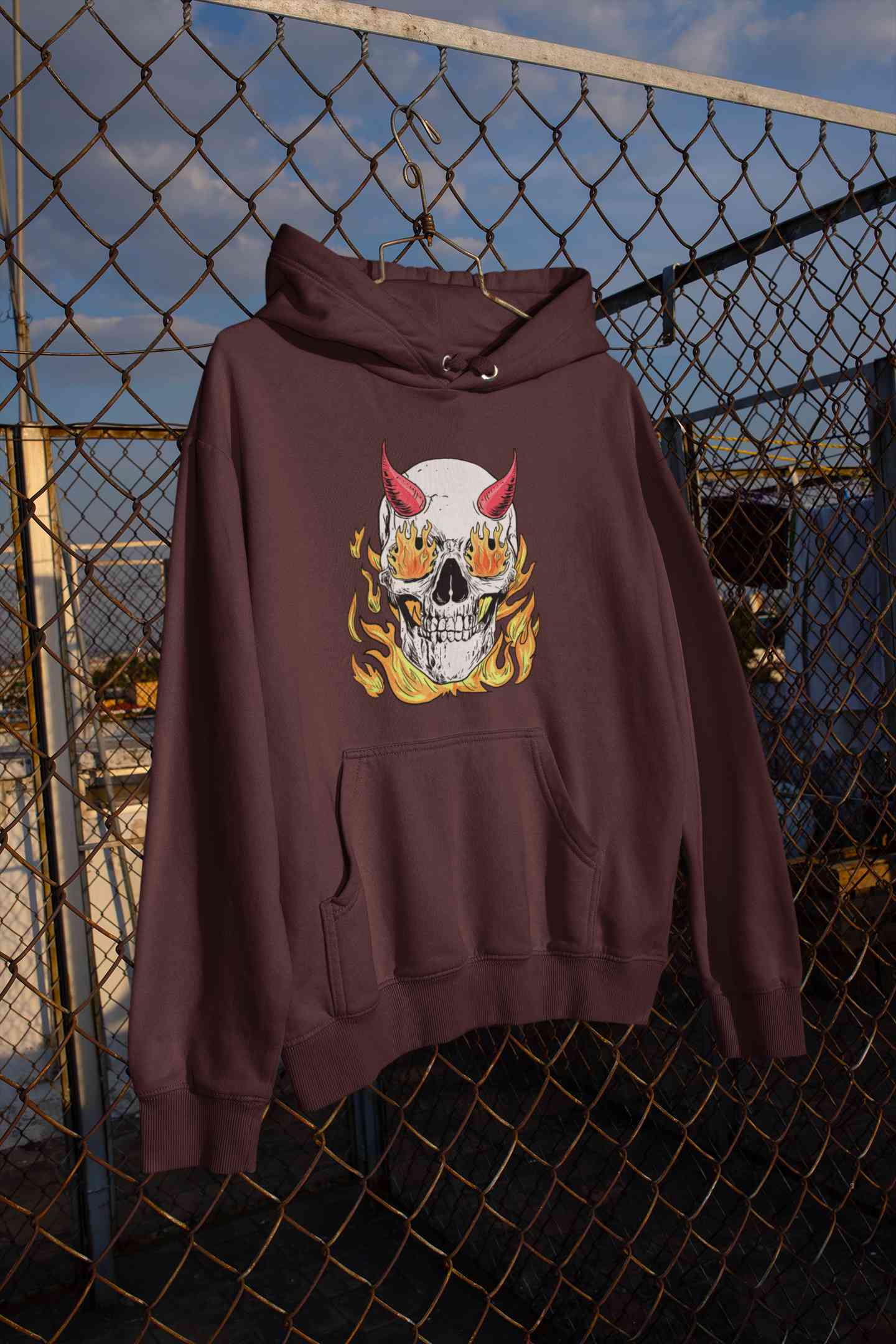 A Horned Skull In Flames Hoodies for Women-FunkyTeesClub