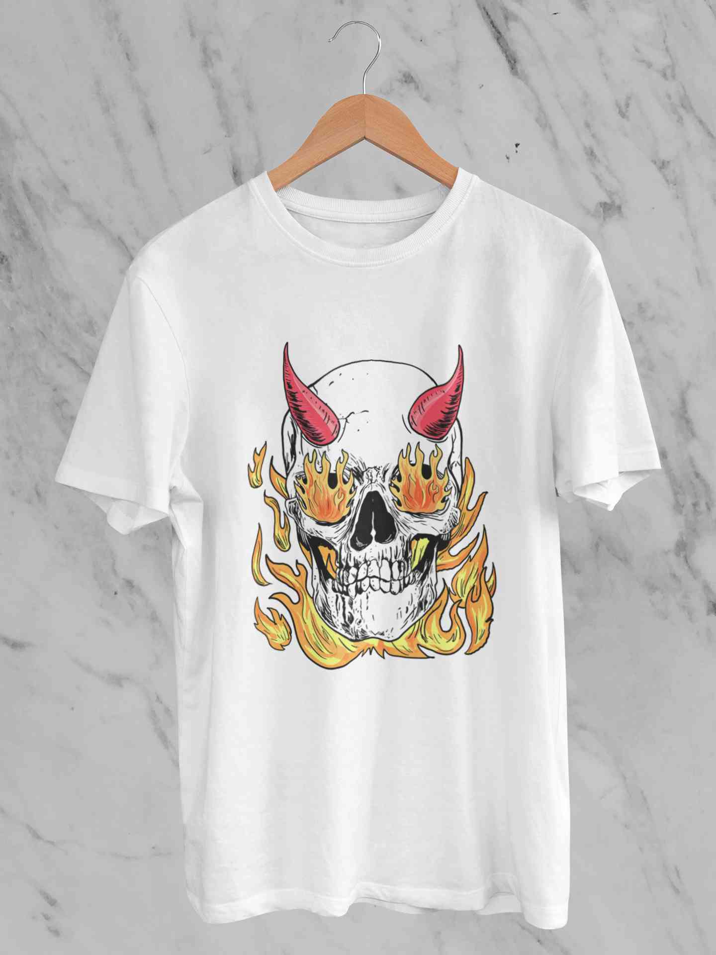 A Horned Skull In Flames Women Half Sleeves T-shirt- FunkyTeesClub